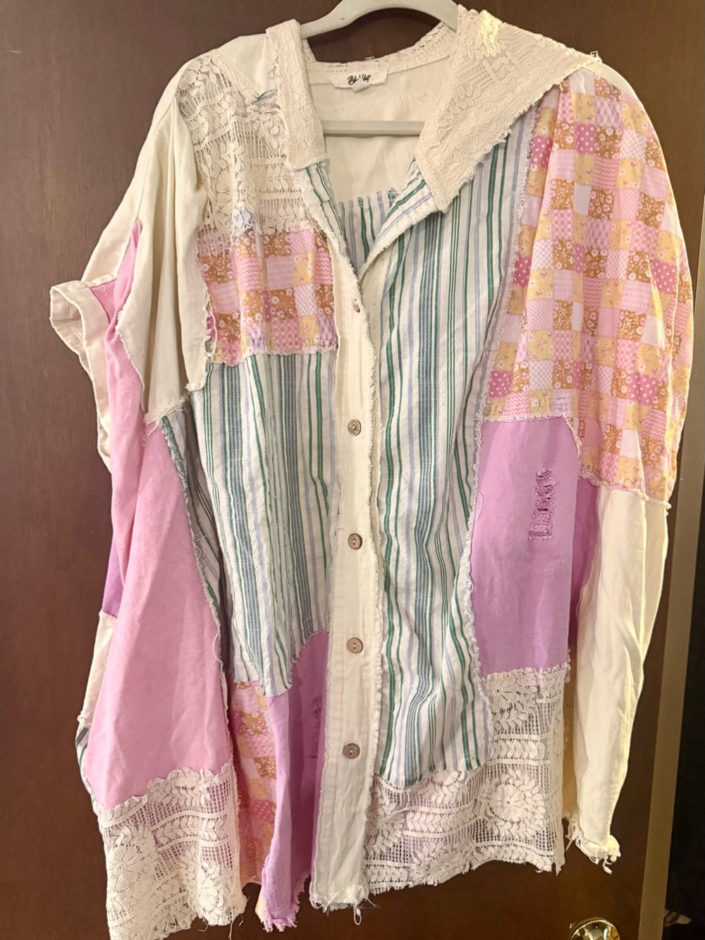 BlueVelvet OVERSIZED Patchwork Button-Up Shirt - Pink, Cream & Green Stripes - Picture 1 of 2